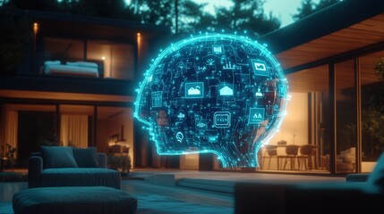 Poster - House with large blue sphere and digital holographic concept art in a futuristic setting