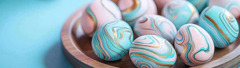 Poster - colorful, marbled decorative balls arranged in a wooden bowl, set against a soft turquoise backgroun