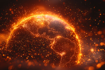 Poster - stunning abstract globe, glowing with fiery particles, symbolizes global connection, energy, or inno