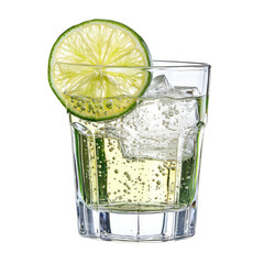Poster - Refreshing cocktail with lime slice and ice in glass, perfect for summer. Enjoy fizzy drink with friends at party or casual gathering