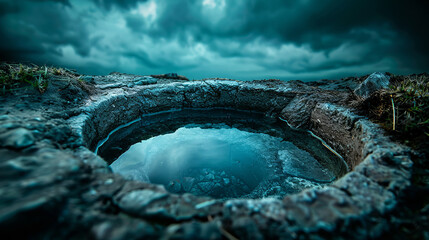 Wall Mural - Serene Reflections: A small pool of water, a mirror to the dramatic sky, sits nestled in a weathered stone structure, a testament to time and the beauty of simplicity. 