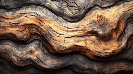 Poster - Close-up of an ancient wood texture, showcasing intricate grain patterns and a mix of dark and light brown hues. Gnarled surface detail texture background. Ancient Wood Texture