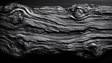 Poster - Close-up monochrome photograph of a piece of wood showcasing intricate grain and texture. Gnarled furniture surface detail texture background.