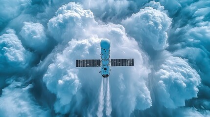 Wall Mural - spacecraft soaring through clouds aerial view of a satellite in earth's atmosphere