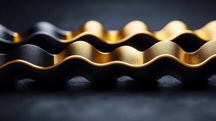 Wall Mural - Elegant gold and black wavy forms contrast sharply against a dark background creating a luxurious mood. AI Generated