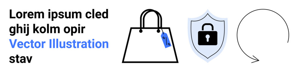 Wall Mural - Shopping bag with tag, blue security shield with lock, circular refresh arrow. Ideal for e-commerce, online shopping, retail security, data protection, returns policy, customer trust flat landing