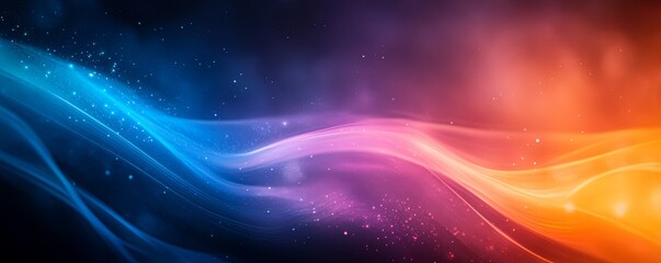 Poster - Vibrant abstract waves of light in red, pink, orange, and blue tones on a dark background. Dynamic motion, energy flow, and futuristic design concept.