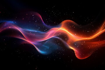 Poster - Vibrant abstract waves of light in red, pink, orange, and blue tones on a dark background. Dynamic motion, energy flow, and futuristic design concept.