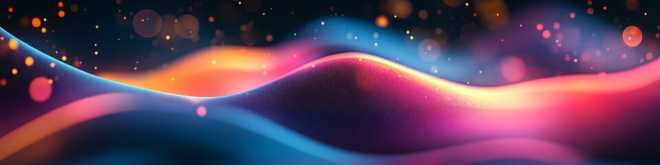 Poster - Vibrant abstract waves of light in red, pink, orange, and blue tones on a dark background. Dynamic motion, energy flow, and futuristic design concept.