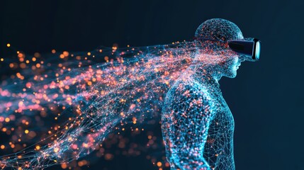 Poster - Man wearing virtual reality headset exploring a surreal digital world in a high fidelity environment