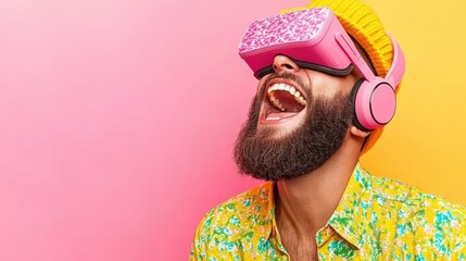 Poster - Man wearing pink virtual reality headset exploring surreal digital world in immersive experience
