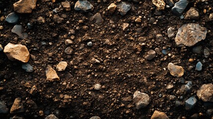 Poster - Close-up view of dark brown soil with various sizes of rocks and stones. A detailed texture image. Grainy Soil detailed texture background. Rocky Soil Texture: A Close-Up View of Earth's Surface