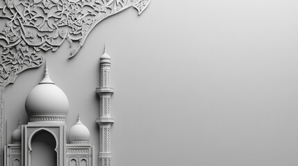 Poster - Detailed artwork showcases a mosque's unique architectural features, enveloped in calm gray tones, celebrating the beauty of Islamic culture and design