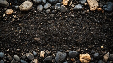 Poster - Dark soil texture with a frame of rocks. Ideal background image. Grainy Soil detailed texture background. Dark Soil Texture Background with Rocks Border