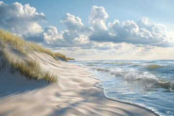 Wall Mural - Waves gently crashing on sandy beach under bright sky with fluffy clouds during afternoon light