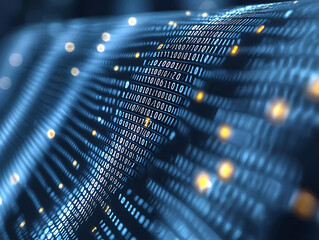 Poster - Abstract blue binary code flowing across the screen, suggesting digital data streams, technological innovation, and the power of information.