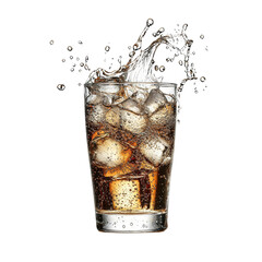 Poster - Refreshing glass of soda with ice cubes splashing in dark beverage. Perfect for summer or parties, this captures essence of cool drink