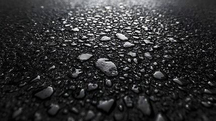 Poster - Close-up shot of a dark, wet surface covered in water droplets. The image showcases a high level of detail and texture. Gritty asphalt texture background
