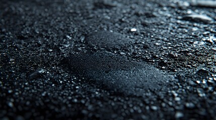 Poster - Close-up view of a dark, wet surface with a grainy texture. The image showcases rich blacks and subtle light reflections. Gritty asphalt texture background