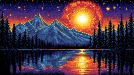 Wall Mural - Vibrant sunset illuminates majestic mountains reflected peacefully in still lake water.. AI Generated