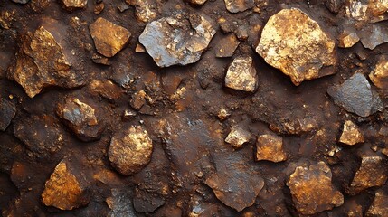 Poster - Close-up view of a rocky surface, predominantly brown with golden highlights. The texture is rough and varied. Gritty gravel detailed texture background.