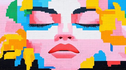 Poster - Vibrant urban pixel art mural, colorful geometric shapes, dynamic patterns, lively city atmosphere, artistic expression, transforming public spaces, engaging community interactions