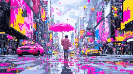 Poster - Vibrant urban mural depicting pixel art, colorful geometric shapes, whimsical characters, bright hues, dynamic street scene, creative expression, modern art movement.