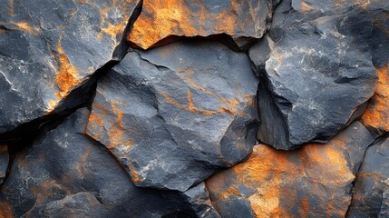 Poster - Close-up of a dramatic rock formation with a mix of dark grey and orange hues. The texture is rough and the surface is irregular, showcasing nature's raw beauty. Macro detail Dark Grey and Orange Rock