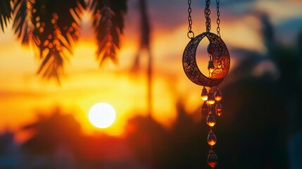 Aufkleber - As the sun sets, a crescent moon ornament glimmers, symbolizing the start of Ramadan. Joyful prayers fill the air, marking a time of reflection and generosity as families gather