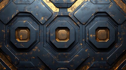 Poster - Dark metallic background with a geometric pattern of octagons. Gold accents highlight the intricate design. Macro detail. Abstract Dark Metallic Texture: Gold and Black Geometric Design