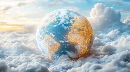 Wall Mural - A stunning view of Earth floating amidst fluffy clouds with a vibrant sunset in the background