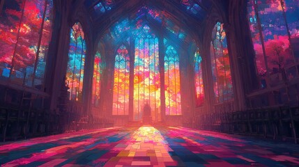 Poster - Vibrant Stained-Glass Pixel Art, a colorful digital artwork featuring intricate patterns and designs reminiscent of traditional stained-glass windows, blending modern pixel art style.