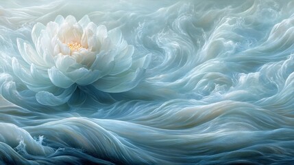 Wall Mural - Serene White Flower Softly Swirling Blue Fabrics. AI Generated