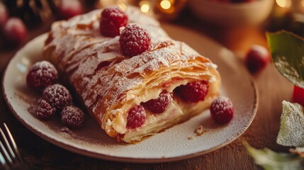 Wall Mural - Elegant dessert with raspberries and cream served on a decorative plate during a cozy evening gathering