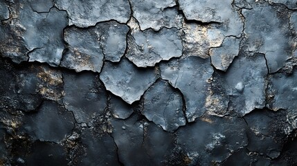 Poster - Abstract close-up of a dark cracked surface. Deep blue and gold tones create a dramatic texture. Macro detail. Dark Cracked Texture: Abstract Background of Deep Blue and Gold