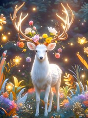 Canvas Print - White deer, floral crown, magical forest, fantasy art, print