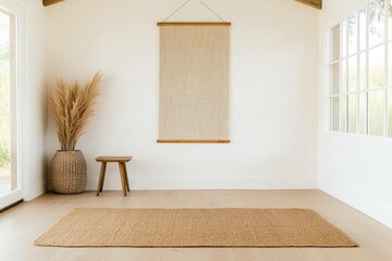 Wall Mural - Minimalist interior design with a natural feel, featuring a woven mat, a simple wooden stool, and a pampas grass arrangement in a well lit room