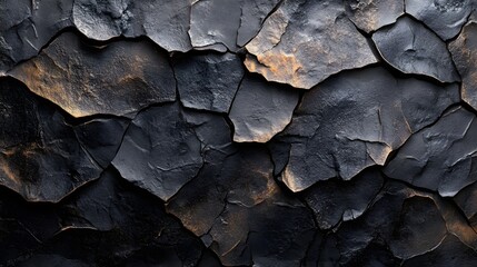 Poster - Abstract image of dark cracked stone, showcasing a black and gold rock texture. Perfect for backgrounds. Macro detail. Dark Cracked Stone Texture: Abstract Black and Gold Rock Surface