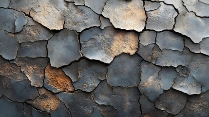 Aufkleber - Close-up shot of cracked earth, displaying a range of grey and brown tones. The texture is rough and arid. Macro detail. Cracked Earth Texture: A Study in Grey and Brown Hues