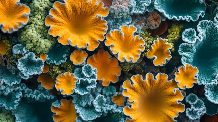 Aufkleber - Close-up view of vibrant orange and teal fungi or coral formations. A rich underwater world displayed in vivid detail. Macro detail. Vibrant Underwater Ecosystem: A Symphony of Colors and Textures
