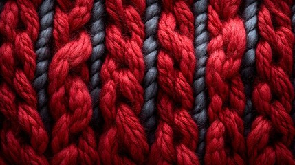 Poster - Close-up view of a rich red and gray knitted fabric, showcasing the intricate texture and detail of the interwoven yarns. Macro detail. Intricate Red and Gray Knit Texture