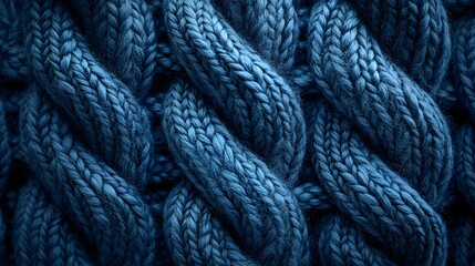 Poster - Close-up of intricately woven blue knit fabric. Shows texture and detail of cable knit pattern. Macro detail. Textured Blue Knitwear: A Close-Up View of Intricate Cable Knit Fabric