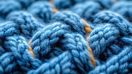 Poster - Close-up shot of blue knitted fabric, showcasing the intricate texture and detail of the stitches. Macro detail. Macro Photography of Blue Knitted Fabric Texture