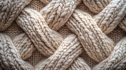 Poster - Close-up view of a beige cable knit wool fabric. The intricate texture and warm color evoke feelings of coziness and comfort. Macro detail. Cozy Cable Knit Texture: A Detailed Close-Up of Beige Wool