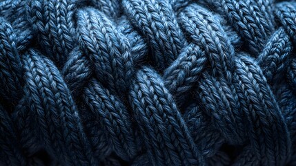 Poster - Close-up of a deep blue cable knit fabric. The image shows the intricate texture and detail of the knitted yarn. Macro detail. Intricate Knit Texture: A Deep Blue Cable Knit Fabric
