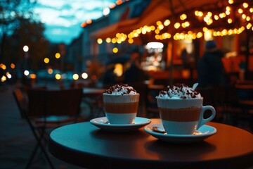 Two cups of coffee, outdoor cafe, evening setting, romantic, cozy, use menu