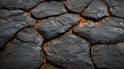 Aufkleber - Close-up of dark, cracked earth with glowing orange lines. Volcanic texture. Macro detail. Glowing Cracks in Dark Earth: A Volcanic Texture