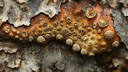 Poster - A detailed macro shot revealing the intricate texture of a unique fungus growing on decaying tree bark. The image showcases the organic forms and colors of nature. Macro detail of knobby seed pod.
