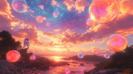 Wall Mural - Astronaut exploring a vibrant sunset landscape filled with colorful bubbles reflecting the sky