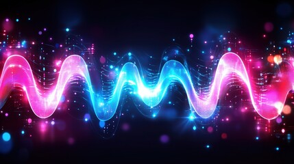 Poster - Abstract music background with colorful waves and lights in pink and blue glow with futuristic design elements